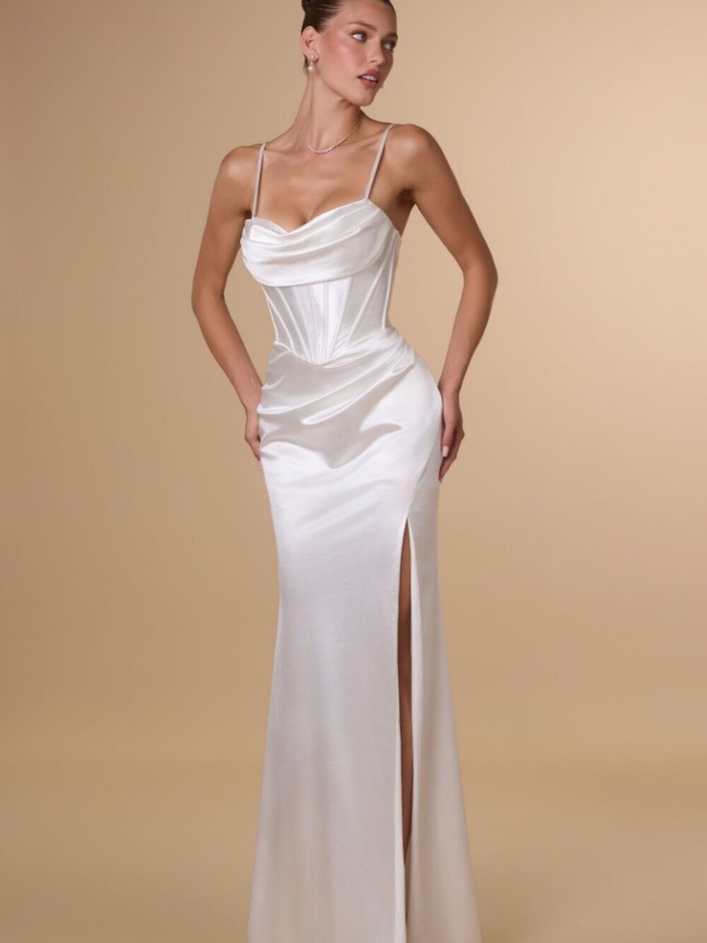 New Off White Elegant Wedding Satin Dress w/ Corset Bodice & Cowl Neck CD T815W